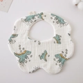 Cotton baby bib in petal shape with green dinosaur print and secure snap button - Gauze Flower Band - Dinosaur Painting