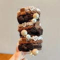 Brown and beige high elasticity hair ties set with pearls and bear charms in a box - 15 Piece Set / Light Coffee Bear