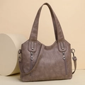 Chic taupe faux leather tote bag with dual zippers and adjustable shoulder strap - Khaki