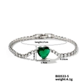 Detailed view of heart-shaped green stone bracelet with white zircon and size specs - Emerald Green Heart Style (B00533-5)