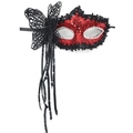Red sequin Venetian half-mask with black lace butterfly and long hanging tassels - Butterfly Tassel Ribbon Style / Red