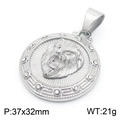 Colgante de medallón de cabeza de león plateado con cristales y patrón de llave griega - Colgante de Cabeza de León Redondo Plateado con Greca Griega (Sin Cadena) (KP130481-MZOZ)