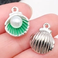 DIY shell pendant in silver metal with green enamel interior and white pearl accent - Green White K Pearl Shell