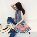 Linen blend geometric shawl with houndstooth pattern and purple tassels for beach - Navy Patchwork Totem Style (37131)