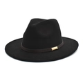 Classic black wool fedora hat with a wide brim and decorative metal-trimmed band - Black