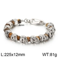 Bracciale punk da uomo con teschi argentati e pietre naturali occhio di tigre - Perla 8mm (Lunghezza 225mm) / Colore Acciaio + Occhio di Tigre