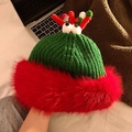 Christmas knit hat with cute green knit body and plush red brim featuring colorful pompoms - 3443-Big Eyes Style / Green