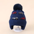 Detail of navy blue knit earflap hat for boys featuring a red tractor jacquard pattern - 3-8 Years / Blue