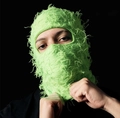 Distressed fluorescent green knitted balaclava with frayed edges and full face coverage - One Size / Fluorescent Green