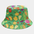 Detail of green bucket hat featuring colorful hand-drawn vegetable patterns and fine stitching - Green Base Vegetable Print (3# Color)
