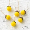 Set of 6 bright yellow wool felt acorn ornaments with brown caps and hemp strings - Pack of 6 (10g) / Yellow
