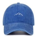 Close-up of vintage washed blue cotton baseball cap featuring minimalist mountain embroidery - One Size(Adjustable) / Dark Blue