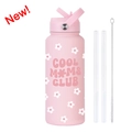 Borraccia termica rosa in acciaio inox con stampa COOL MOMS CLUB e cannucce - Rosa Chiaro 11D2