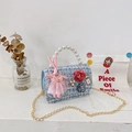 Blue and white tweed girl's crossbody bag with pearl handle and cute bunny pendant - Rabbit Blue