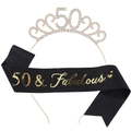 Black 50 & Fabulous birthday sash with sparkling rhinestone crystal number 50 crown tiara set - One Size / 50th (Glitter) / Black/Gold