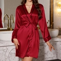 Women's dark red silk satin robe with black contrast piping and adjustable waist belt - S / Red