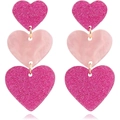 Summer hot pink geometric heart dangle earrings with glitter and acrylic resin finish - Pink Sequin Triple Heart Style(#8)