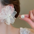 Détail de boucles d'oreilles fleurs en mousseline blanche avec perles sur un mannequin - 90# Blanc (Tige de boucle d'oreille en argent)