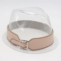 Detail of pink leather hat band with silver metal buckle and black stitching details - One Size / Beige Wide Leather