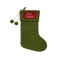 Green cable knit Christmas stocking with red Merry Christmas patch and fuzzy pom-poms - Green