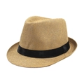 Classic straw fedora hat in natural beige with a stylish black ribbon band decoration - Adult Size (Approx 58cm) / Monofilament Straw-Khaki
