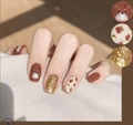Brown nail wraps set featuring cute cartoon bear patterns and gold glitter accents - MZ-007 Brown Bear Leopard
