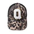 Leopard print baseball cap with distressed Q patch and black mesh back detail - Letter Q (Black Leopard)