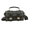 Dark green barrel Boston bag in faux leather with golden lock and ethnic woven strap - Green
