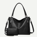 Black pebble leather tote bag set for women with shoulder strap and small pouch - Shoulder Bag Set / Black (Model 072)