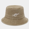 Detail of washed khaki bucket hat showing artistic hand gesture embroidery and metal eyelets - One Size / Khaki