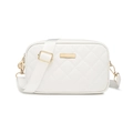 White quilted crossbody camera bag with adjustable strap and golden hardware accents - White