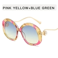 Pink and yellow round oversized sunglasses with blue-green gradient lenses and pearl temples - Pink Yellow + Blue Green