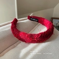 Elegant red tweed headband with thick padding and vintage frayed edges for women - Charming Red / Red Lace