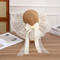 Khaki straw sun hat with white lace, organza ruffle and large bow for beach vacation - Yellow Flower Bow - Khaki