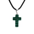 Cross pendant necklace with green and black striped malachite texture on a black cord - Malachite Cross + Wax Rope