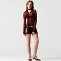 Brown sheer long sleeve shirt and sequin mini skirt set with black pointed heels - S / Burgundy