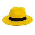 British style yellow wool fedora hat with contrast black ribbon band and flat brim - One Size / Yellow