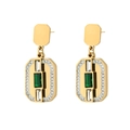 Detailed macro view of gold snake-style rectangle earrings with emerald green crystals - Geometric Rectangular Earrings / Gold-Emerald (Rectangular Earrings)