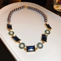 Vintage necklace featuring dark grey pearls and rectangular blue gemstone in gold finish - 6# Necklace - Gold - Square