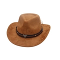 Brown suede western cowboy hat with silver bull skull ornament and gold studs on white background - One Size / Khaki