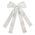 Close-up of a white satin double-layered bow hair clip with elegant long ribbons - White