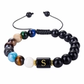 Detailed view of solar system bead bracelet featuring black agate and letter S charm - Letter E