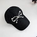 Detail of white pearl bow embellishment on black washed denim baseball cap for women - One Size Adjustable (56-58cm) / Dark Gray