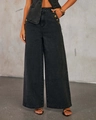 Detail of high waisted wide leg denim pants in smokey grey with gold side buttons - S / Black Pants