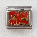 Macro detail of silver charm link with red Trick or Treat enamel for modular bracelet - Trick or Treat