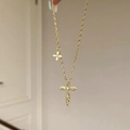 24K gold plated cross necklace with small flower charm and vintage engraved details - Gold (Real Gold Plated)