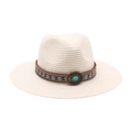 Chapeau de soleil en paille beige à large bord avec ruban pierre turquoise - Chapeau de Paille Blanc (Pierre Bleue Ovale)