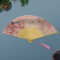 Pink silk folding fan with floral bird pattern, bamboo ribs and matching tassel - White Ribs Style 71