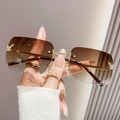 Y2K rimless square sunglasses featuring gradient brown lenses and butterfly rhinestone - Gold Frame Gradient Tea