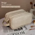 Beige faux leather large makeup bag with 3 layers and handle size 28x17x14.5cm - Quilted Texture / Large / Beige